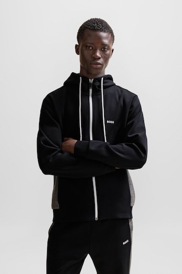 BOSS Black Stretch Cotton Contrast Zip Up Tracksuit Hoodie