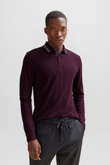 BOSS Purple Tipped Collar Long Sleeve Polo Shirt
