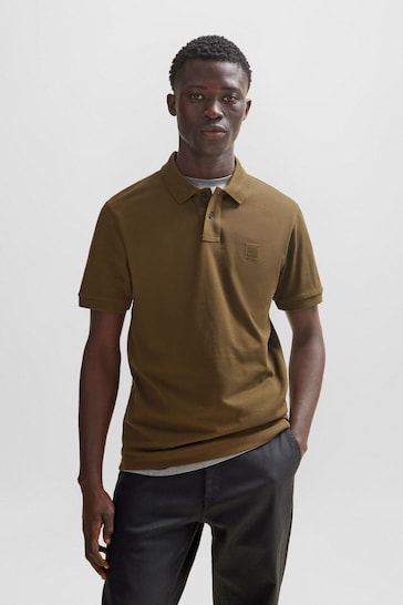 BOSS Green Slim Fit Stretch-Cotton Grey Polo Shirt With Logo Patch
