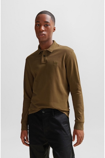 BOSS Khaki Green Logo Patch Long Sleeve Polo Shirt
