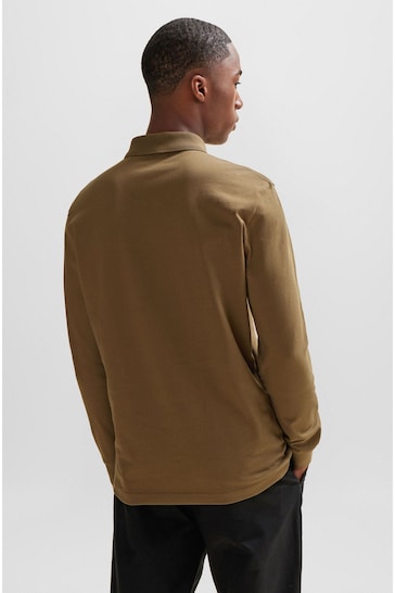 BOSS Khaki Green Logo Patch Long Sleeve Polo Shirt