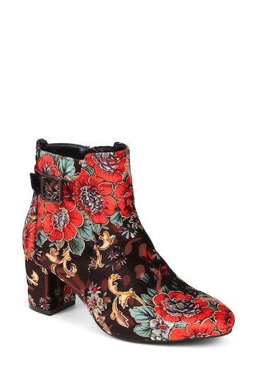 Pavers Red Heeled Floral Ankle Boots