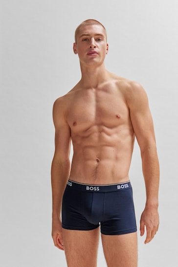 BOSS Dark Blue Three-Pack of Stretch-Cotton Trunks With Logo Waistbands