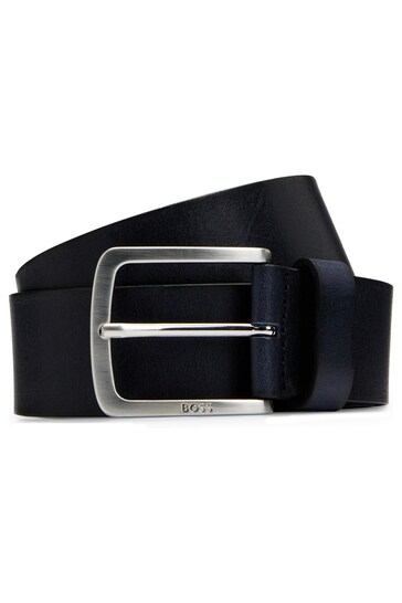 BOSS Blue Italian Leather Belt With Logo Engraved Buckle