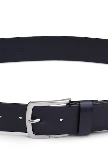 BOSS Blue Italian Leather Belt With Logo Engraved Buckle