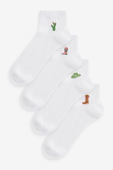 Cowgirl Embroidered Motif White Trainers Socks 4 Pack