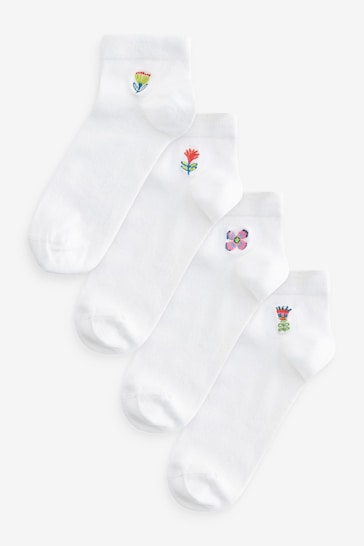 Flower Embroidered Motif White Trainers Socks 4 Pack
