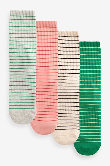 Pink/Green/Grey/Oat Stripe Cushion Sole Ribbed Ankle Socks With Arch Support 4 Pack