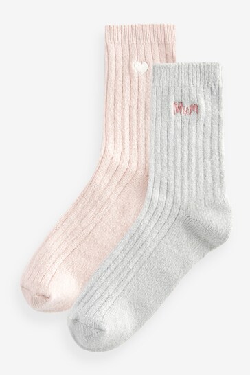 Cream/Pink Mothers Day Emboridered Rib Ankle Socks 2 Pack