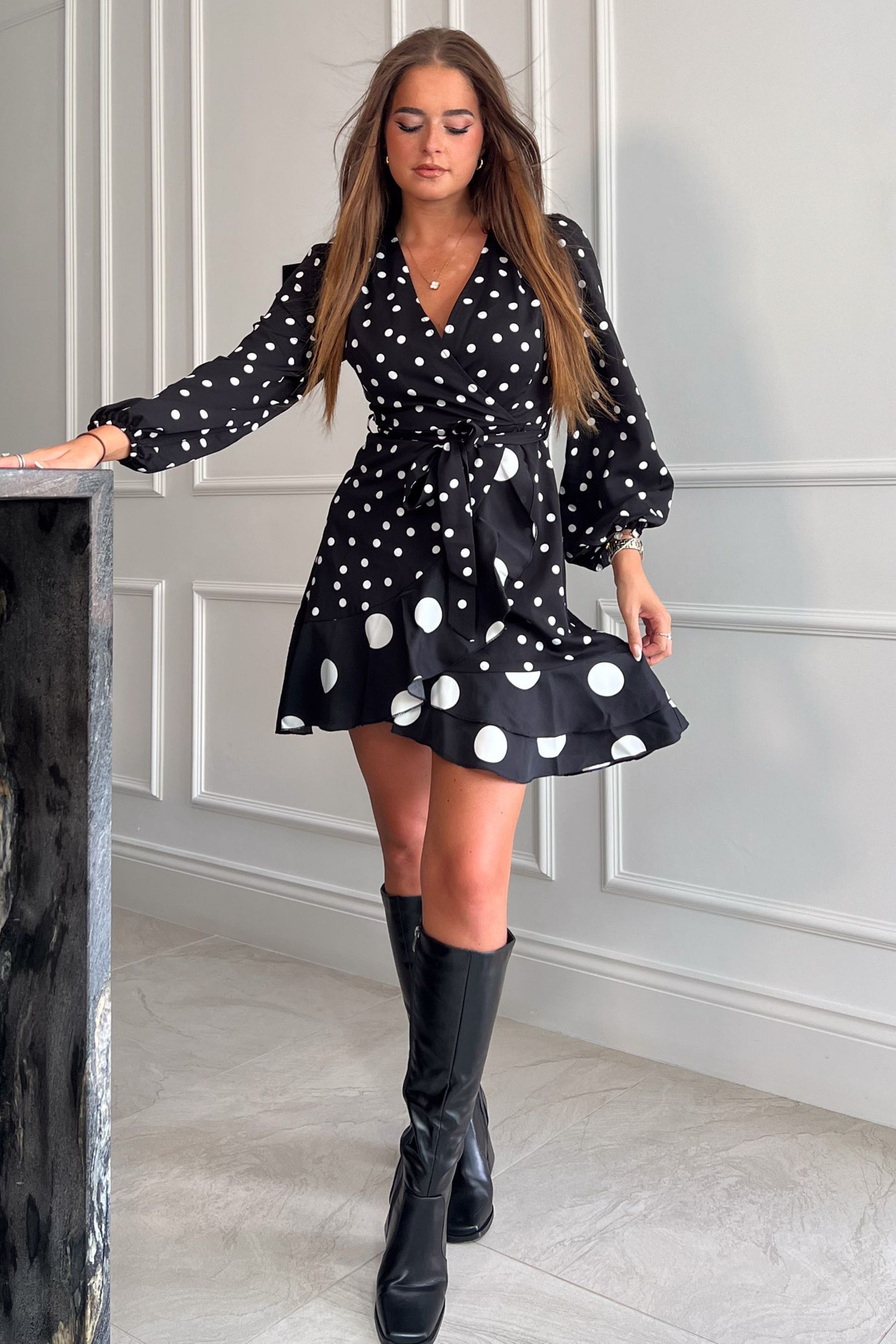 Buy Girl In Mind Black Katrina Spot Print Long Sleeve Mini Dress