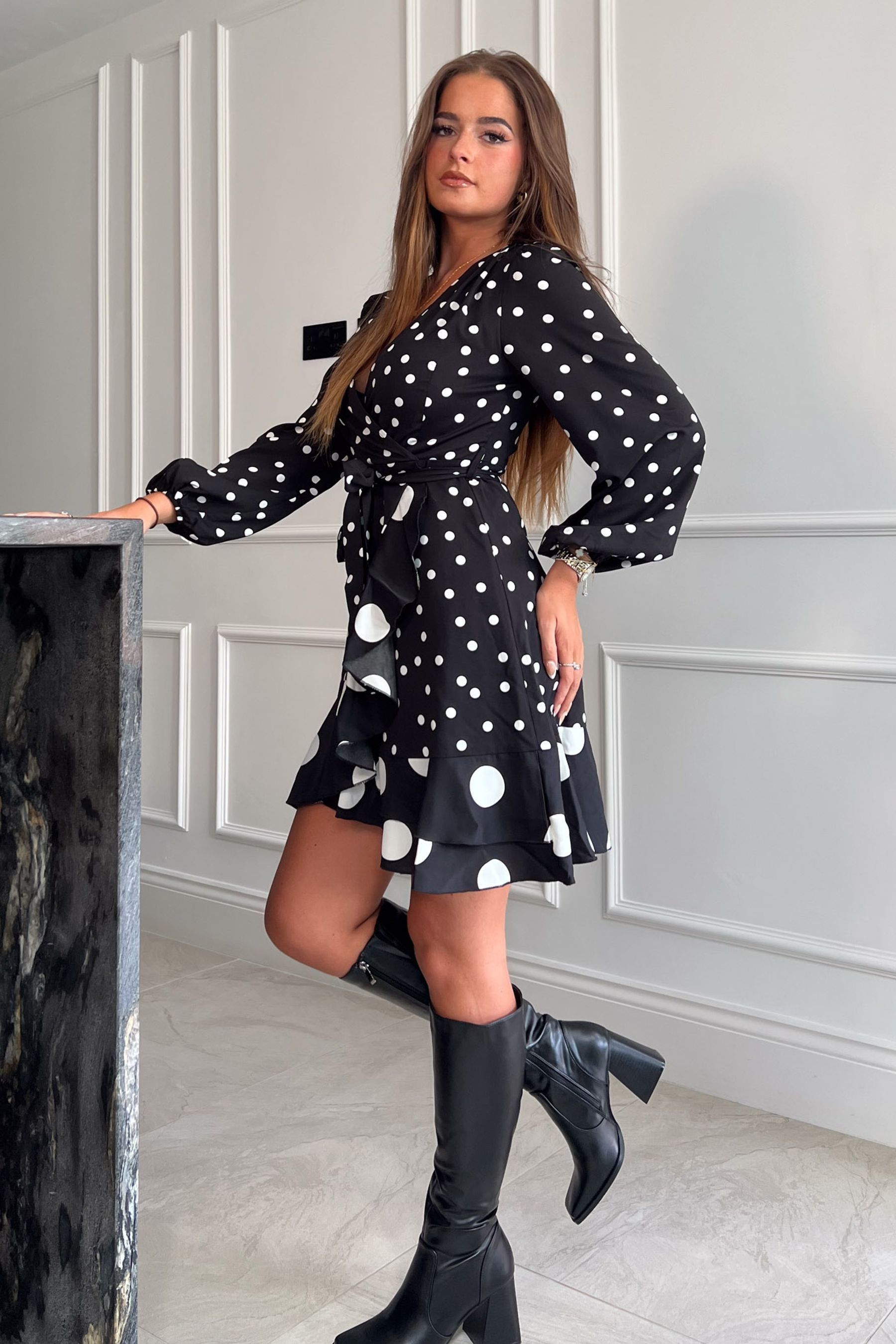 Buy Girl In Mind Black Katrina Spot Print Long Sleeve Mini Dress
