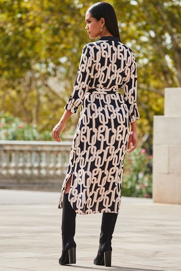 Sosandar Black Chain Print Contrast Trim Belted Shirt Dress