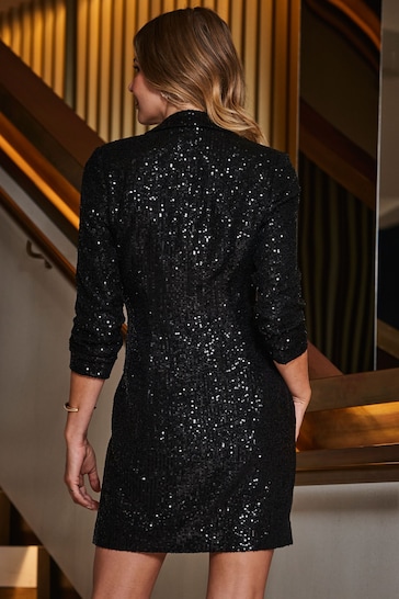 Sosandar Black Sequin Ruched Sleeve Blazer Dress
