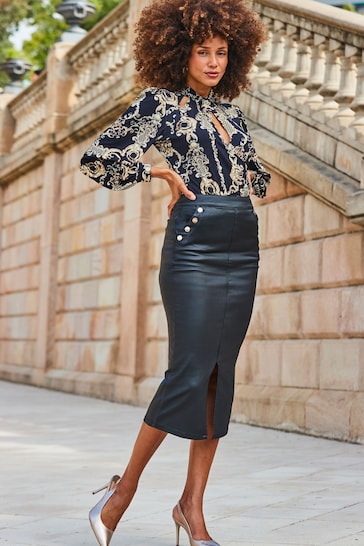 Sosandar Black Coated Pencil Skirt With Button Detail
