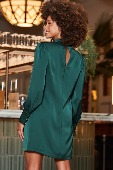 Sosandar Green Satin Twist Neck Detail Shift Dress