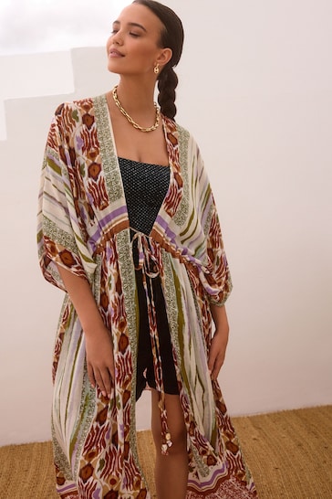 Multi Aztec Maxi Tie Waist Kimono Cover-Up