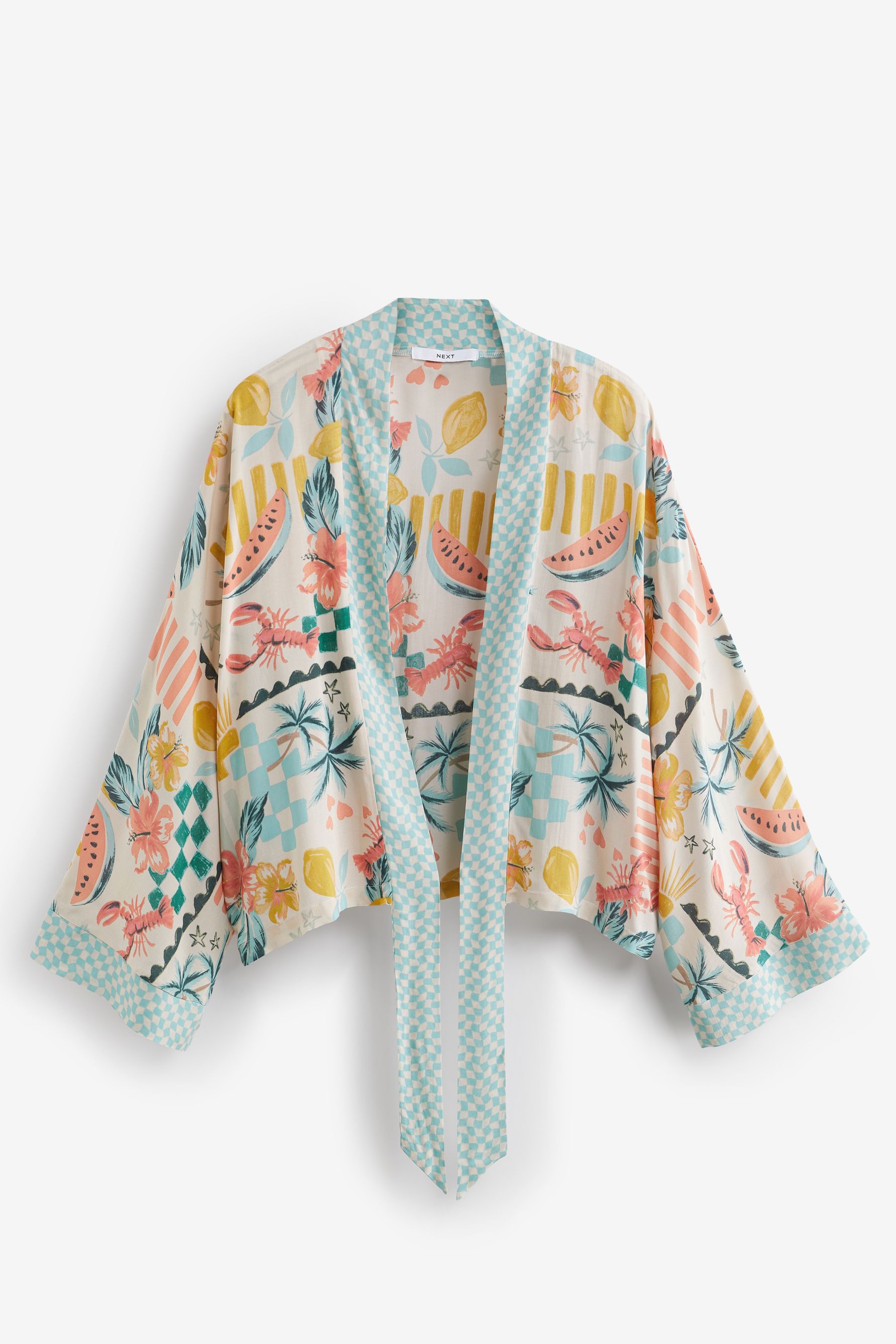 Multi Lobster Print Tie Front Kimono Cover Up