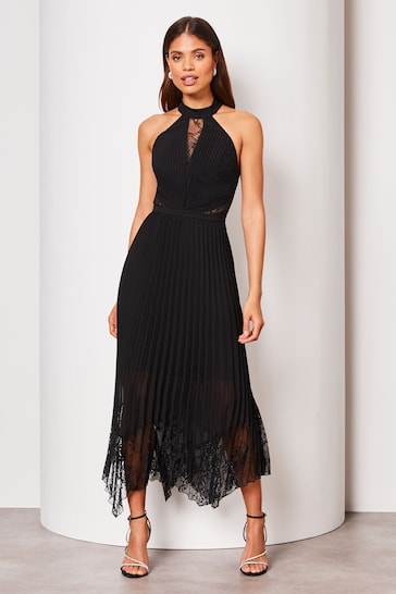 Lipsy Black Halter Pleated Lace Midi Dress