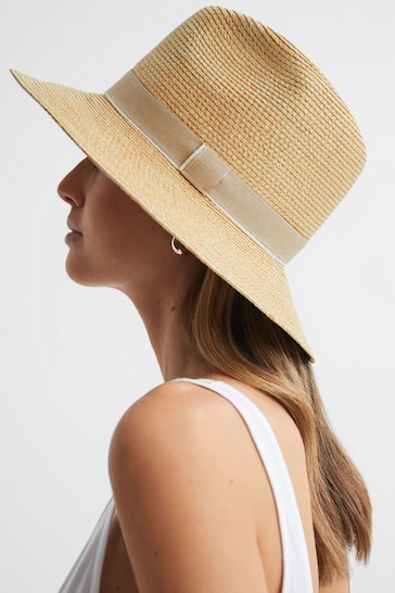 Reiss Natural Gracie Raffia Short Brim Sun Hat
