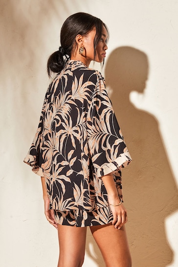Lipsy Black Palm Printed Open Sleeved Kimono Cover up