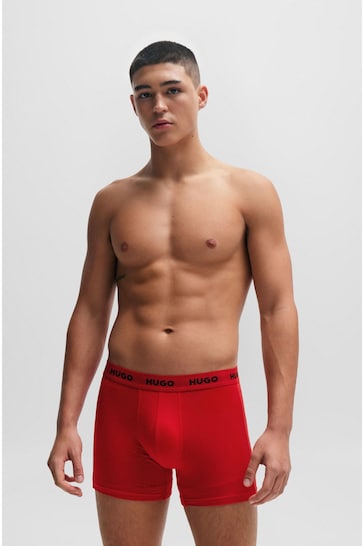 HUGO Red Stretch Cotton Boxer Briefs with Logo Waistbands 3 Pack