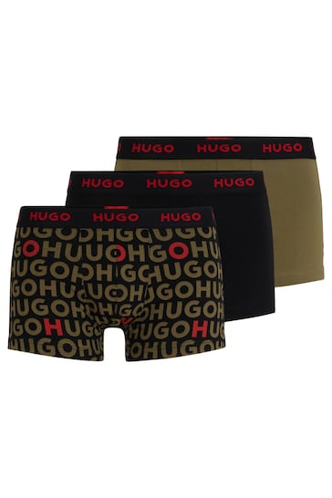 HUGO Green Stretch Cotton Trunks 3 Pack With Logo Waistbands