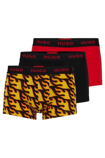 HUGO Red Patterned Stretch Cotton Logo Waistband 3-Pack Boxer Trunk