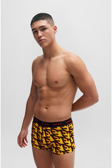 HUGO Red Patterned Stretch Cotton Logo Waistband 3-Pack Boxer Trunk