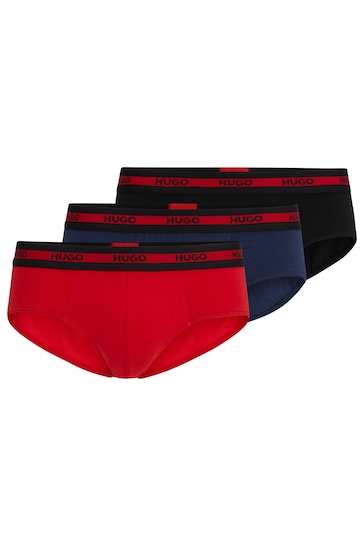 HUGO Red Stretch Cotton Briefs with Logo Waistbands 3 Pack