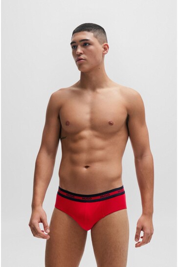 HUGO Red Stretch Cotton Briefs with Logo Waistbands 3 Pack