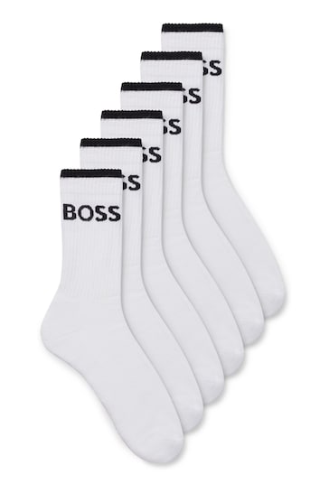 BOSS White Six-Pack of Ribbed Short Socks in a Cotton Blend