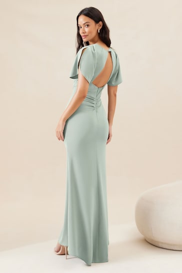 Lipsy Sage Green Short Sleeve Ruched Front Split Bridesmaid Dress