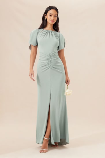 Lipsy Sage Green Petite Short Sleeve Ruched Front Split Bridesmaid Dress