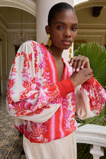 V&A | Love & Roses Red Paisley Printed V Neck Shirred Cuff Blouse
