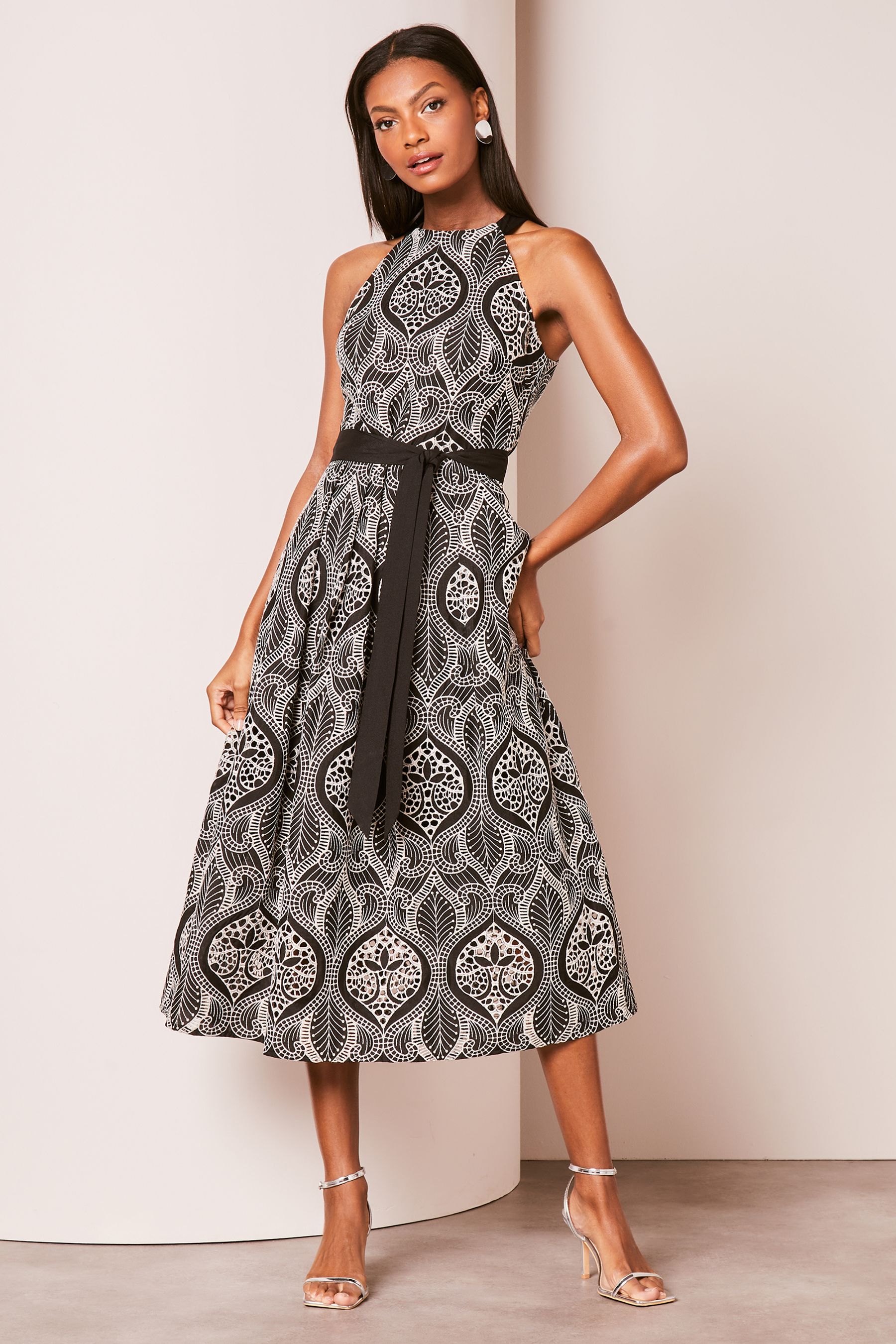 Lipsy Black White Premium Embroidered Lace Halter Belted Midi Dress