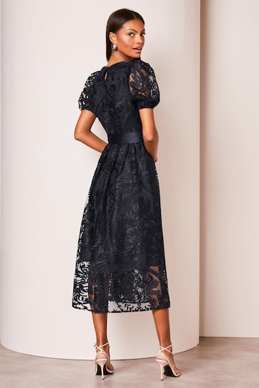 Lipsy Navy Blue Premium Lace Embroidered Puff Sleeve Belted Midi Dress