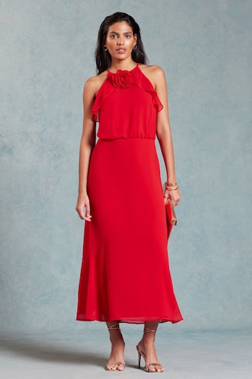 Love & Roses Red Halterneck Corsage Detail Midi Dress