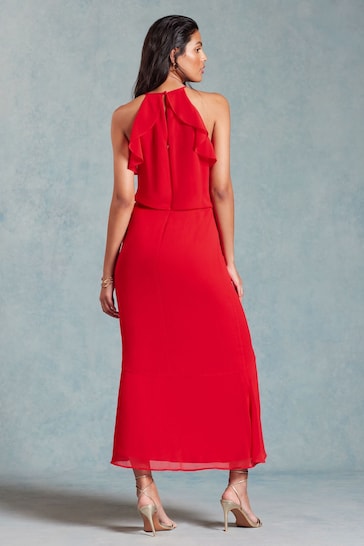 Love & Roses Red Halterneck Corsage Detail Midi Dress