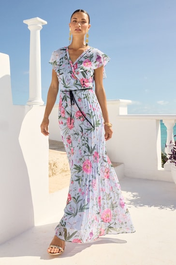 V&A | Love & Roses Blue Floral Printed Pleated Contrast Tipping Maxi Dress