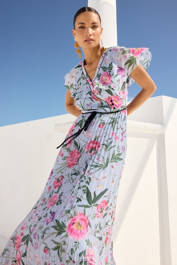 V&A | Love & Roses Blue Floral Printed Pleated Contrast Tipping Maxi Dress