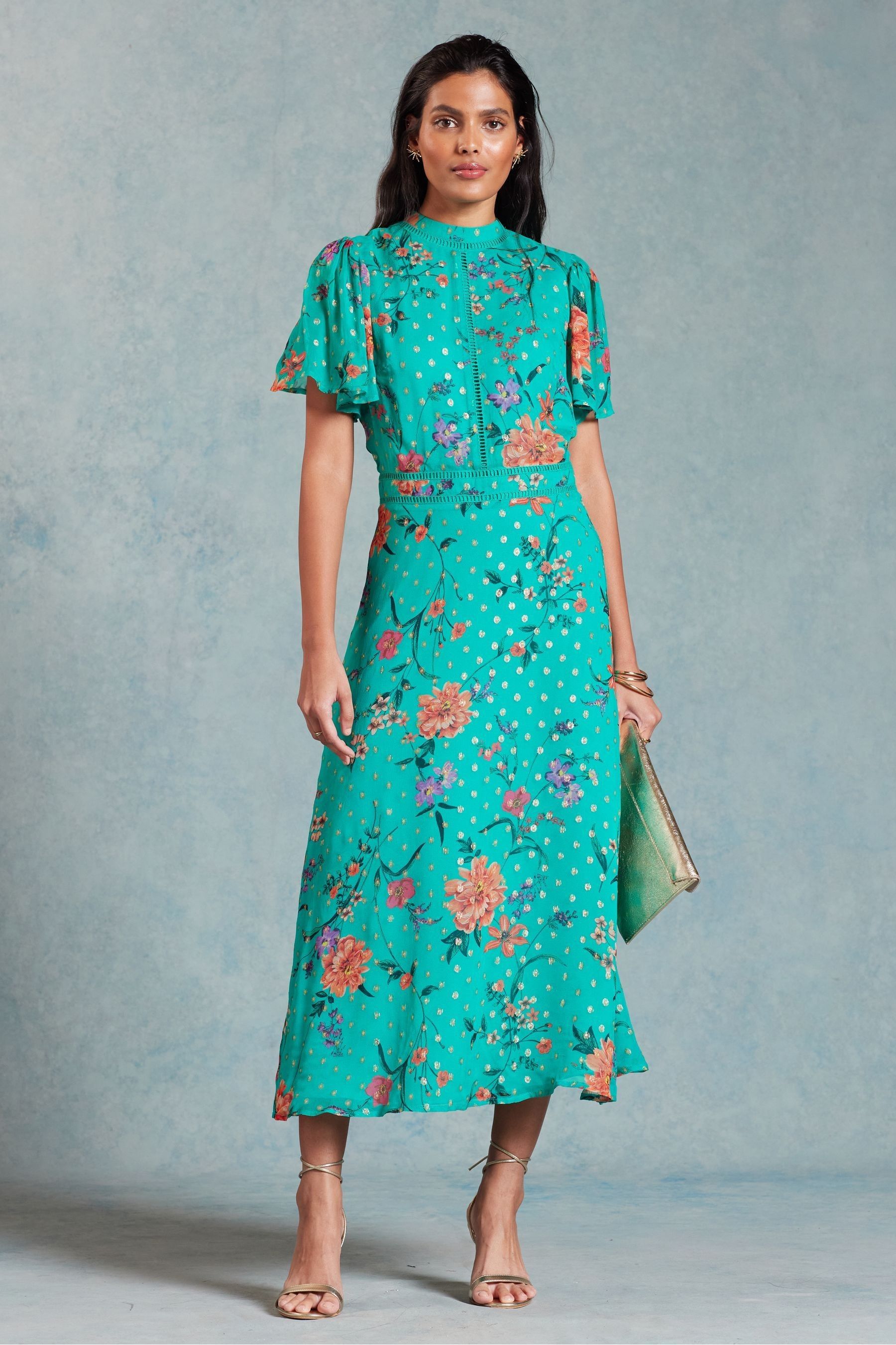Buy Love Roses Green Floral Printed Metallic Flutter Sleeve Midi Dress from the Next UK online shop
