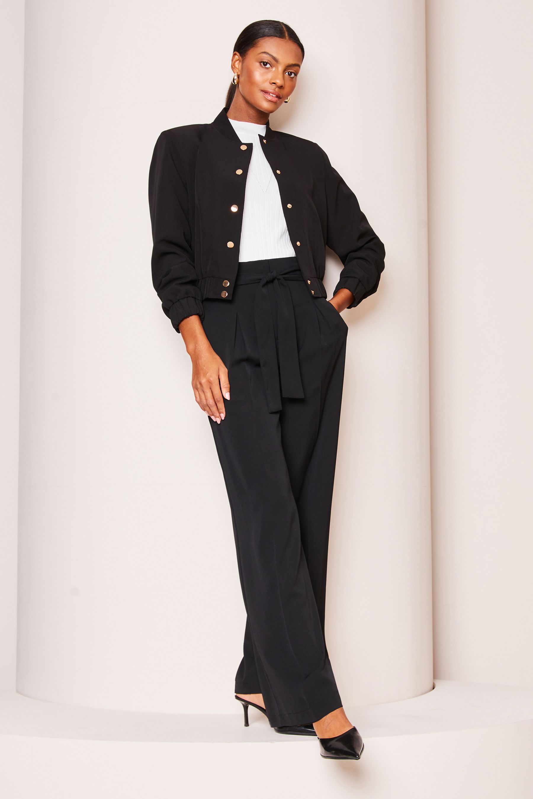 Black belted wide leg trousers outlet