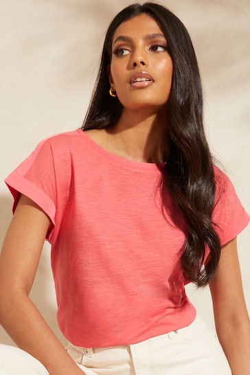 Love & Roses Coral Crew Neck Woven Trim Linen Look Jersey T-Shirt