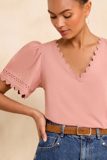 Love & Roses Pink Scallop V Neck Jersey T-Shirt