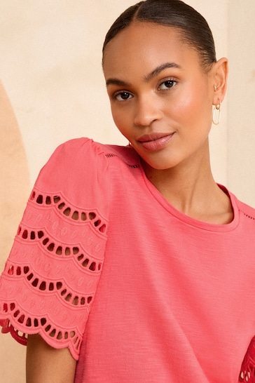 Love & Roses Pink Broderie Short Sleeve Jersey T-Shirt