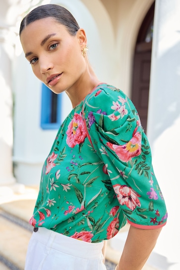 V&A | Love & Roses Green Floral Historical Sleeve Crepe Blouse
