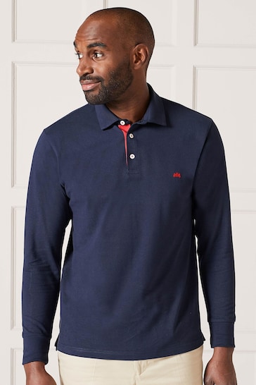Savile Row Company Navy Blue Long Sleeve Classic Fit Polo Shirt