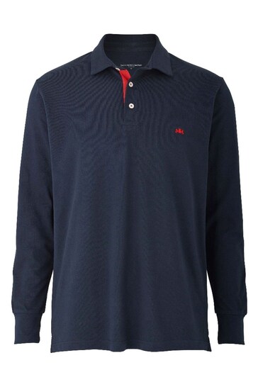 Savile Row Company Denim Blue Long Sleeve 100% Cotton Polo Shirt