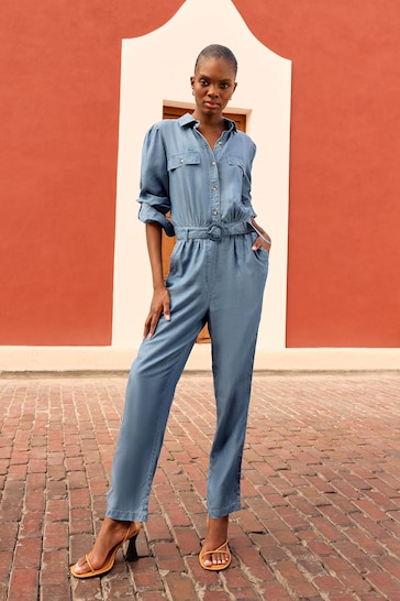Love & Roses Blue Petite TENCEL™ Button Through Belted Utility Jumpsuit
