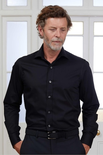 Savile Row Company Fine Twill Slim Single Cuff Formal Black Shirt